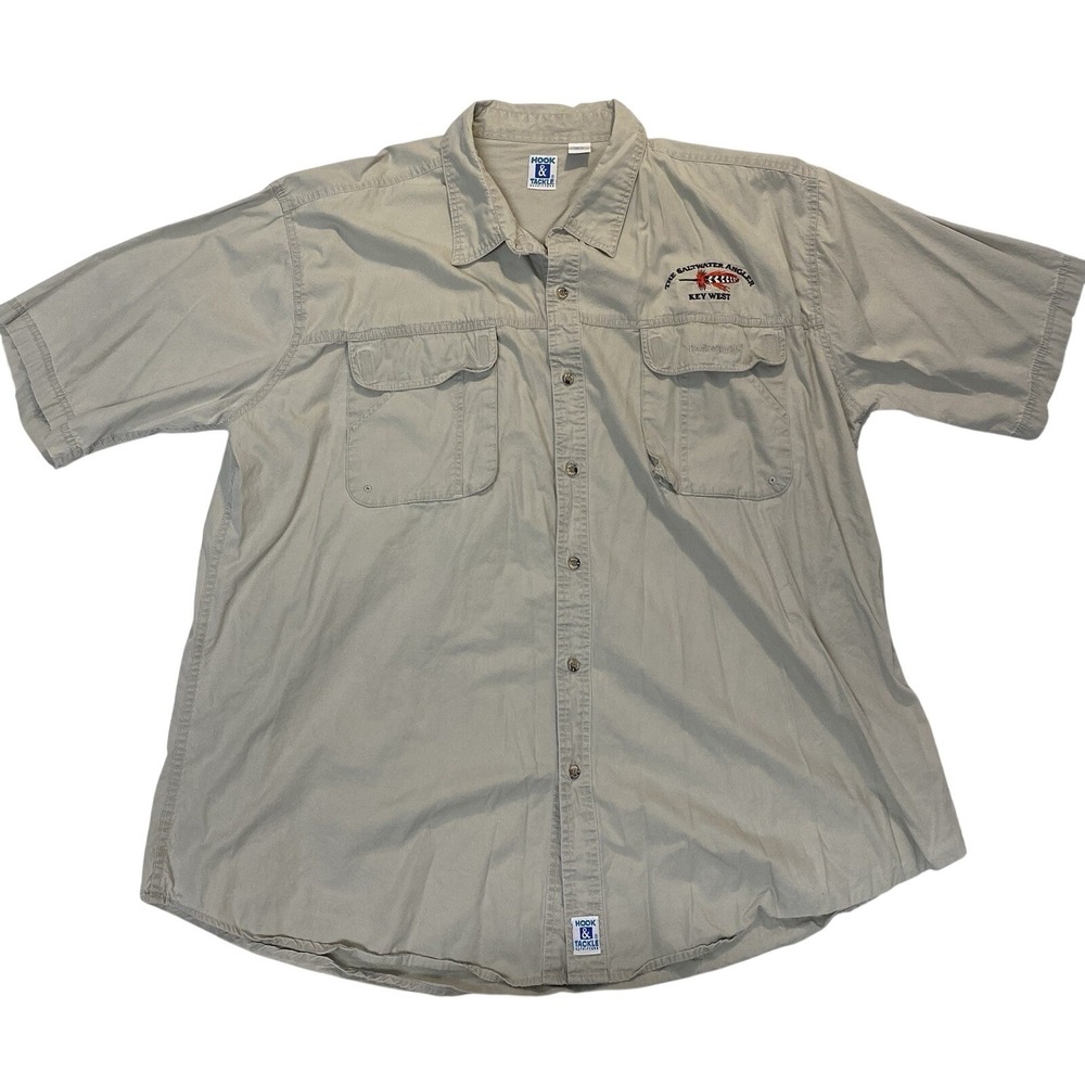 Vintage Hook & Tackle Fishing Shirt Mens 2XL Saltwater Angler Key West Khaki